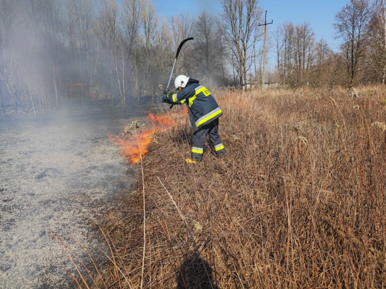 POŻAR SUCHEJ TRAWY I PLAMA OLEJU NA DRODZE